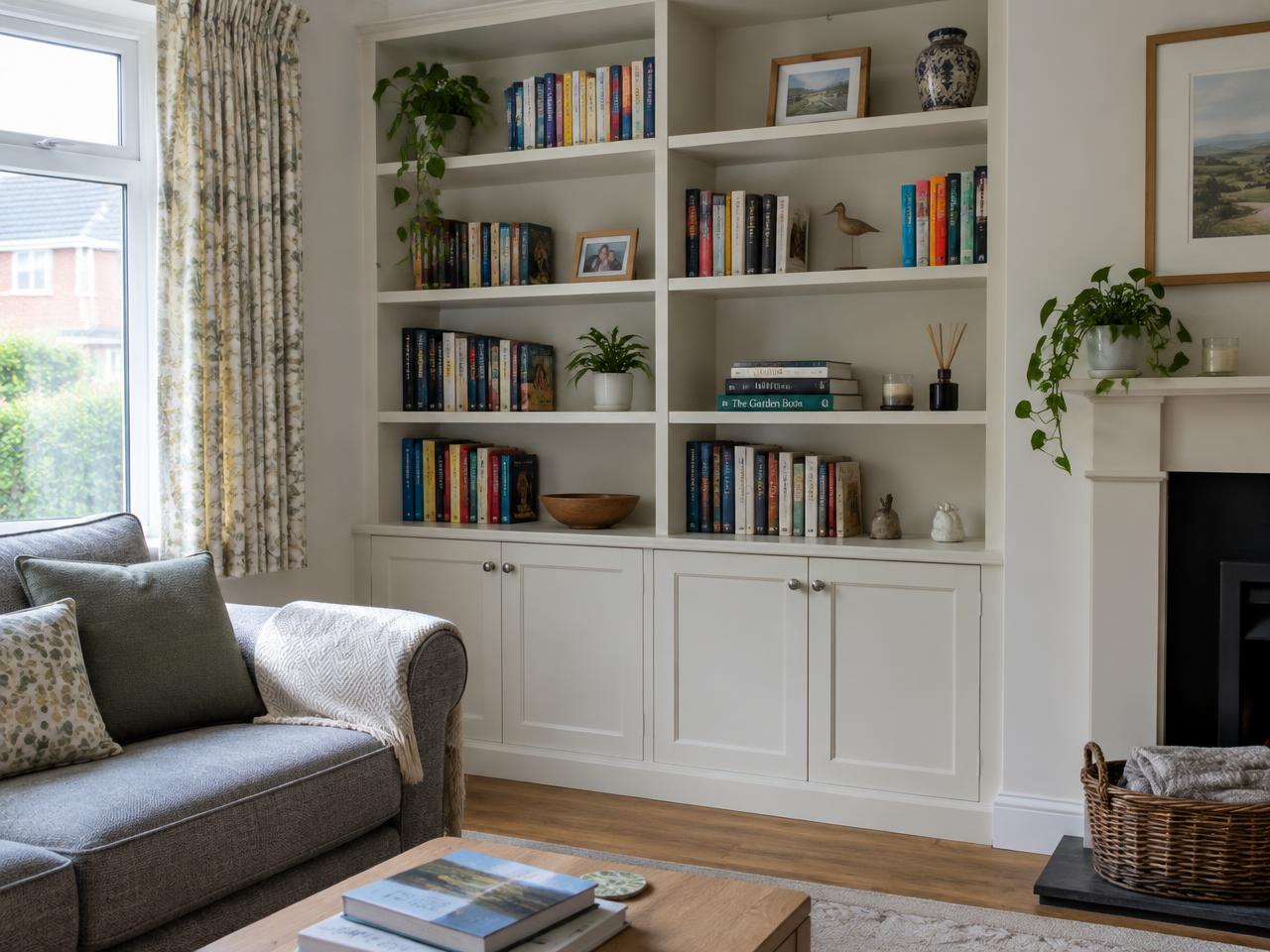 Illustrative painted bookcase with cupboards in a living room