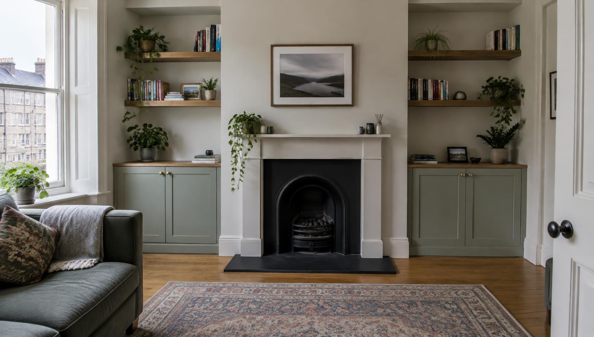 Illustrative sage green alcove cabinetry with oak shelves beside a fireplace