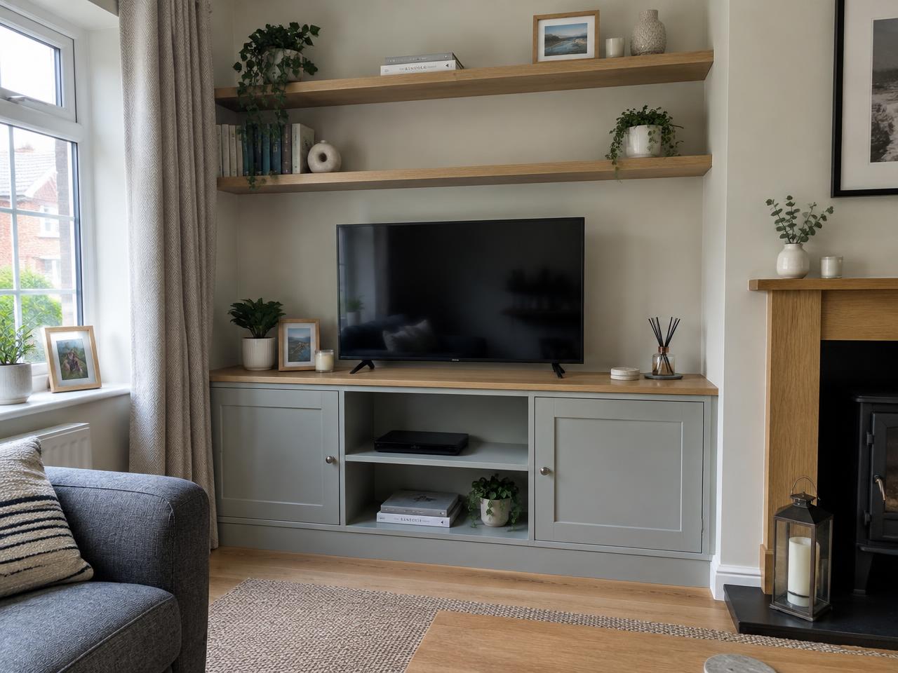 Painted media cabinet with oak top and shelves in a living room