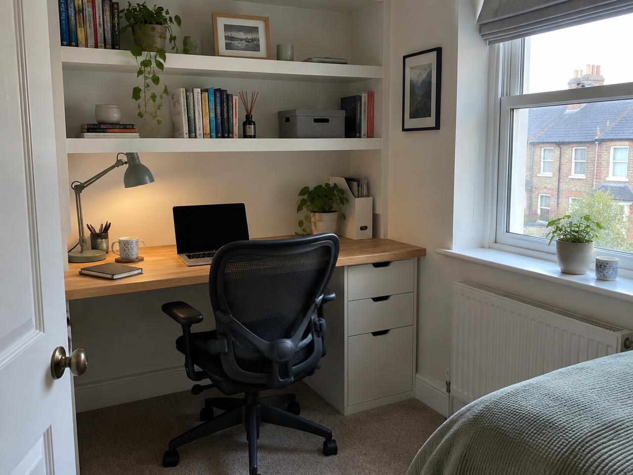 Illustrative small home office with oak desk and painted shelving