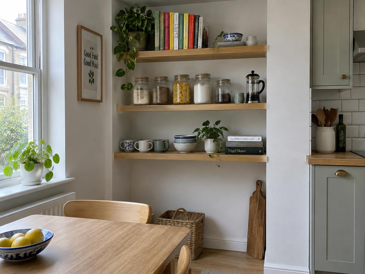 Oak shelves in a kitchen alcove holding jars, mugs and cookbooks