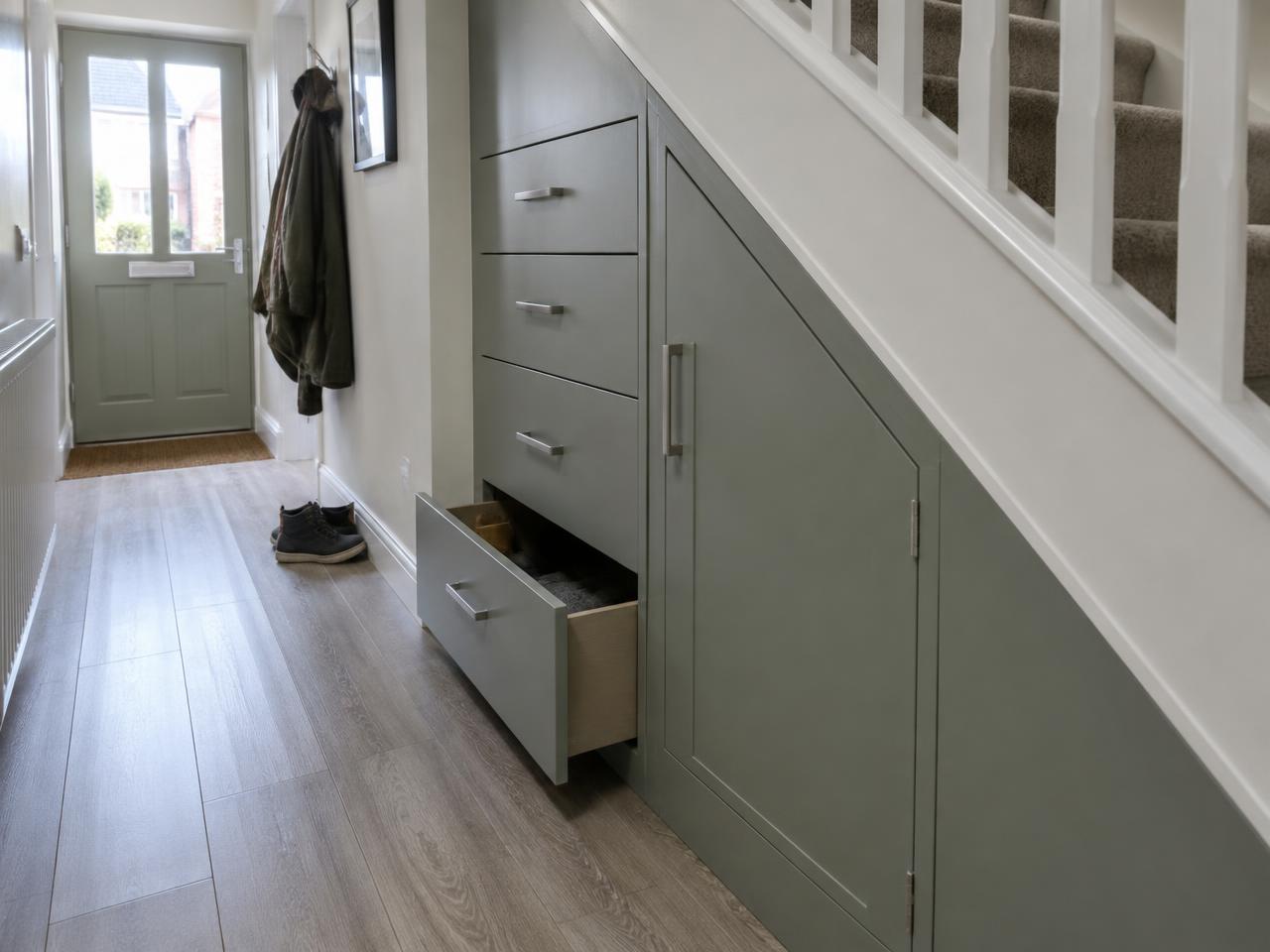 Illustrative painted under-stairs drawers and shoe cupboard in a hallway